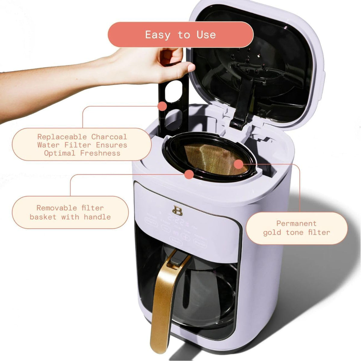 Beautiful Coffee Maker, 14-Cup, Touch Display, Programmable, 1200W, Stainless Steel, Keep Warm, 24h Timer dishwasher-safe (LAVENDER)