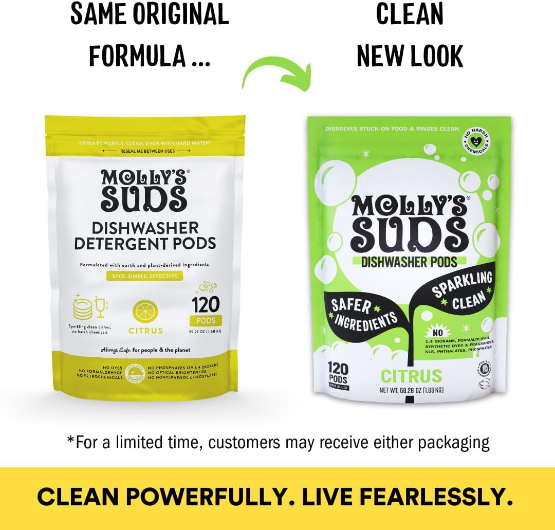 Molly's Suds Dishwasher Pods | Clean Dishwasher Detergent, Cuts Grease & Rinses Clean (Residue-Free) for Sparkling Dishes | 120 Auto-Release Tabs (Citrus)