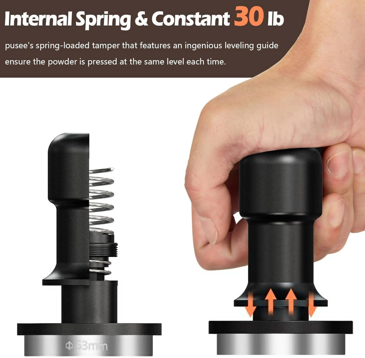 PUSEE 53mm Espresso Tamper, Premium Calibrated 30lb Spring Loaded Stainless Steel Ground Tamper for Barista Home Coffee Accessories Upgrade 3.0