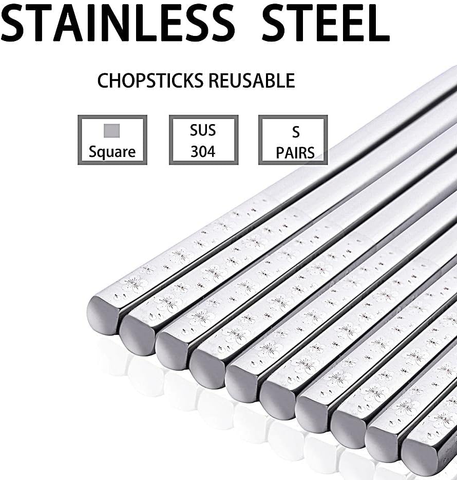 Metal Chopsticks Reusable Titanium Plated Stainless Steel Japanese Korean for Food & Cooking 9.5Inch Non-Slip for Beginners Square Laser 5 Pairs Gift Set