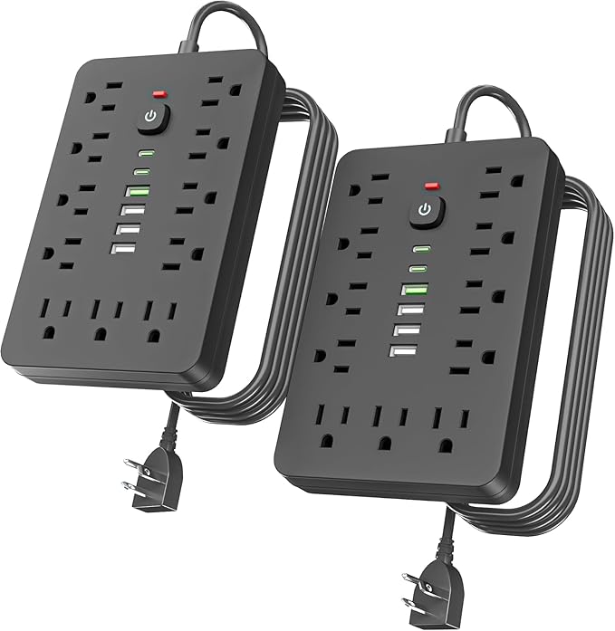 2PCS 5 FT Flat Plug Surge Protector Power Strip,11 Multiple AC Outlets with 6 USB Ports (2 USB C), 5 Feet Extension Cord, 1250W/10A, One Touch Switch Button, 17 in 1 Compact powerstrip