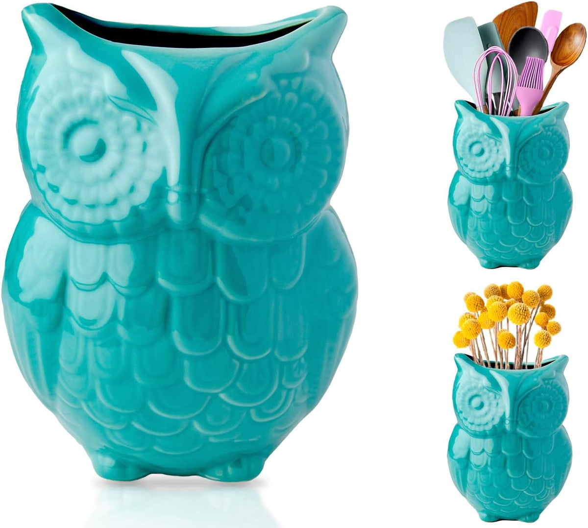 Comfify Owl Utensil Holder Decorative Ceramic Cookware Crock & Organizer, in Lovely Aqua Blue Color - Utensil Shaped Caddy and Perfect Kitchen Ceramic Decor Gift for Countertop - 5” x 7” x 4” Size