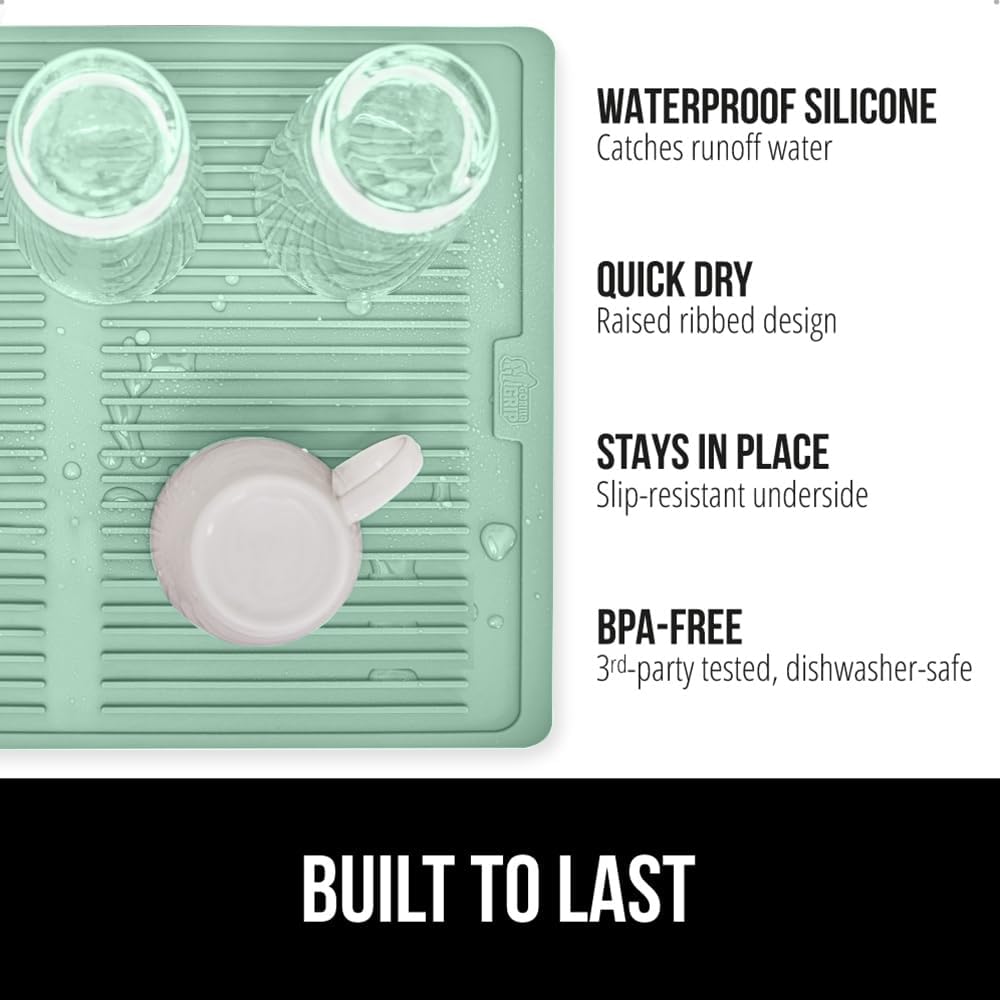 GORILLA GRIP 100% BPA-Free Patented Silicone Dish Drying Mat for Kitchen Counter, Water Catching Ribbed Design, Easy Clean Waterproof Sink Liner, Heat Resistant, Fits Under Rack, 16x12 Inch, Mint