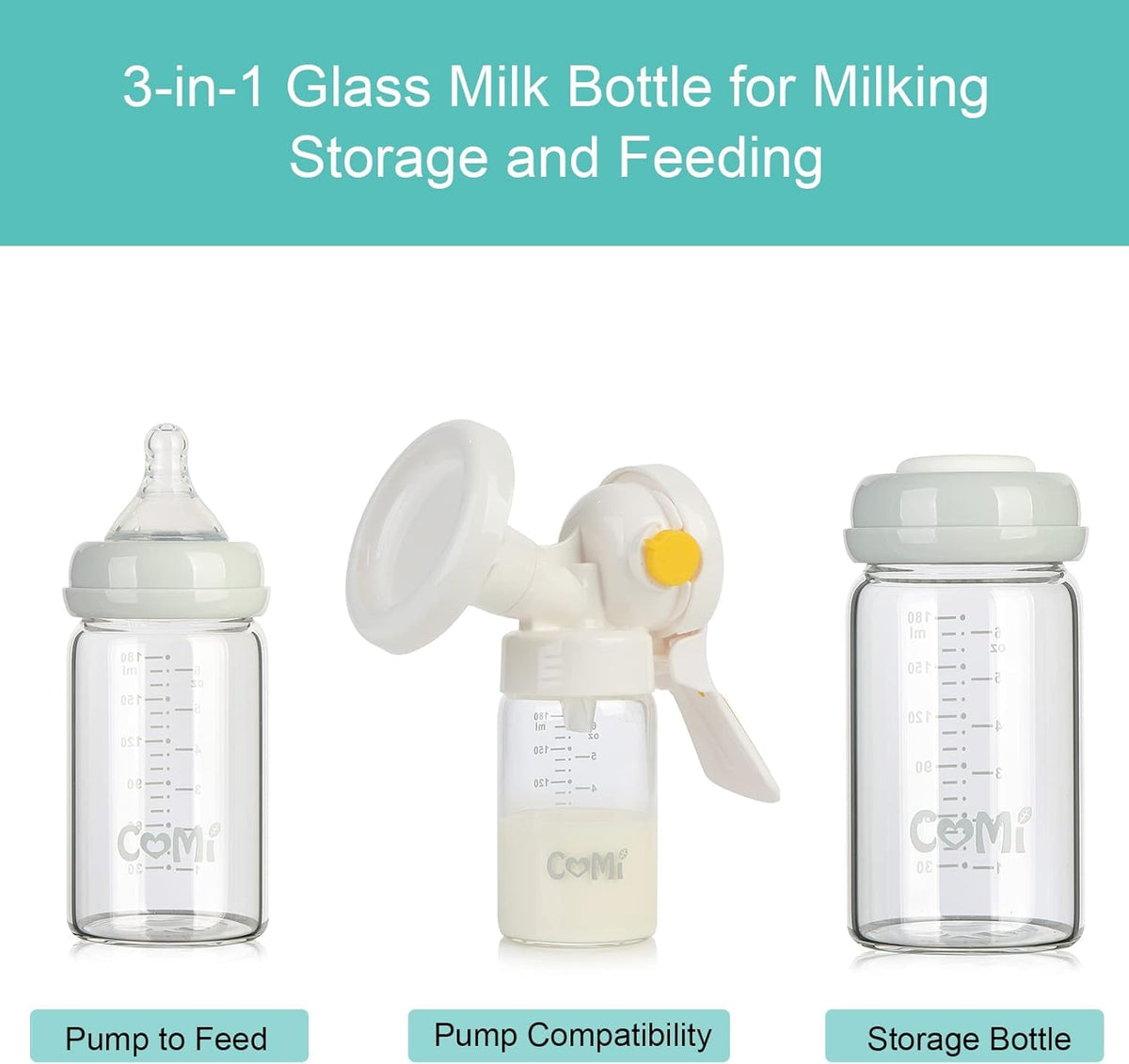 COMI Wide Neck Glass Breastmilk Collection n Storage Bottle, 6oz with Screw Ring Sealing Disk; Re-markable Sealing Disc. BPA Free, Fits Breast Pumps & Nipples (Gray Lids)