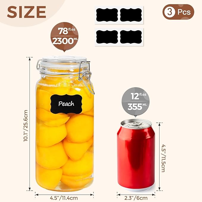 ComSaf Airtight Glass Jars with Lids 78oz Set of 3, Food Storage Canister Square - Storage Container with Clear Preserving Seal Wire Clip Fastening for Kitchen Canning Flour, Cereal, Pasta, Beans