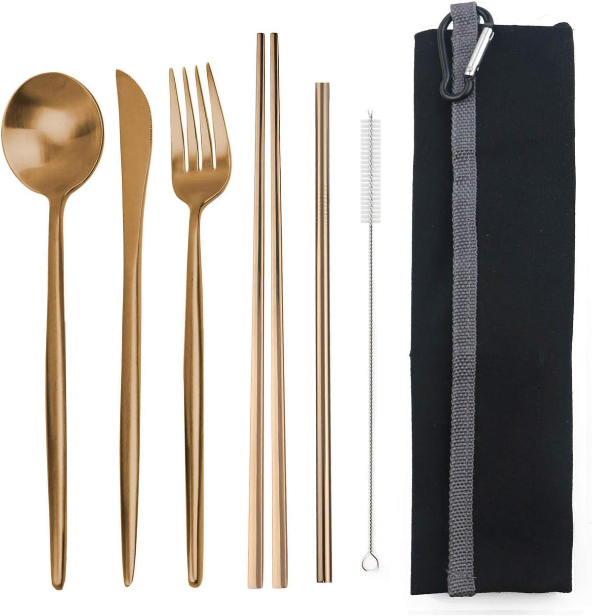 Portable 6 Pieces Flatware Set, 304 Stainless Steel Knife, Fork, Spoon, Chopsticks, Metal Straw, Cleaning Brush, Durable Travel Cutlery Set, Black Pouch Bag, Rose Gold