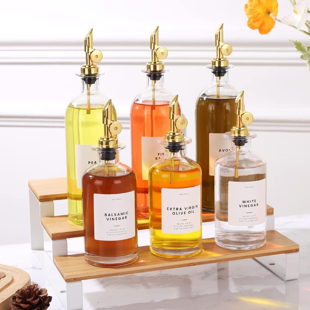 Molimoli Oil and Vinegar Dispenser with Metal Pour Spout, Weighted Pourer, Glass Bottle Dispenser for Kitchen, Olive Oil Cruet, Glass Olive Oil Bottle | 500ml, Set of 4