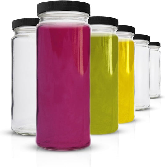 All About Juicing Clear Glass Water Bottles Set - 6 Pack Wide Mouth with Lids for Juice, Smoothies, Beverage Storage - 16 oz, Durable, Reusable, Dishwasher Safe, Leak Proof (Black Caps)