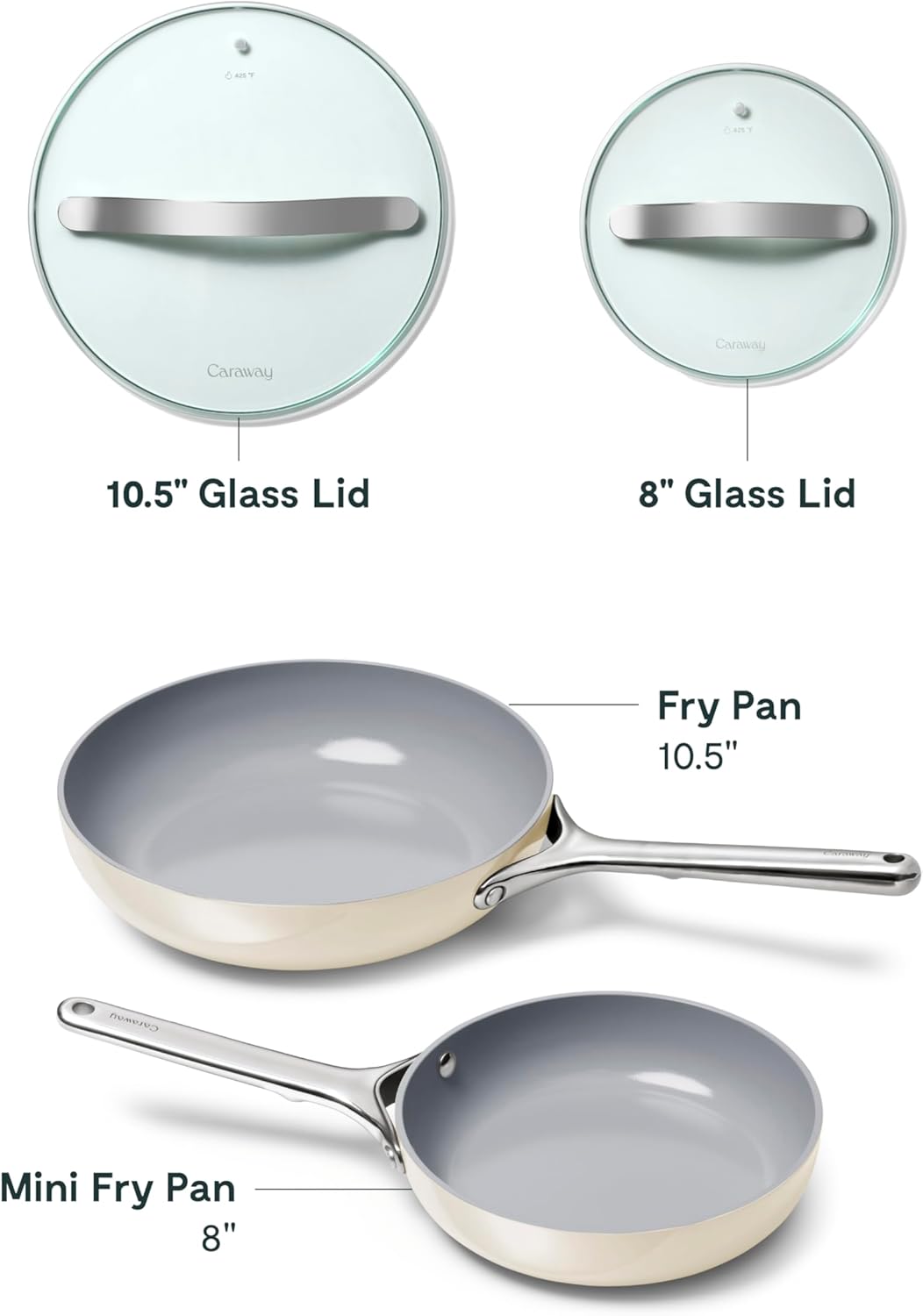 Caraway Ceramic Fry Pan Duo with Glass Lids - Non-Stick Frying Pans (10.5” & 8”) - Non Toxic, PTFE & PFOA Free - Oven Safe & Compatible with All Stovetops – Cream