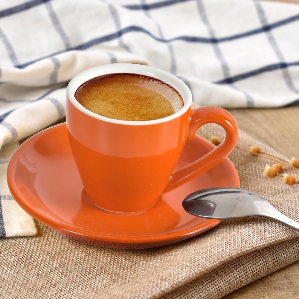 Porcelain Espresso Cup with Saucer And Stainless Steel mini Spoons, Espresso shot Cup, 80ml/2.7Oz, Pack of 2, Orange
