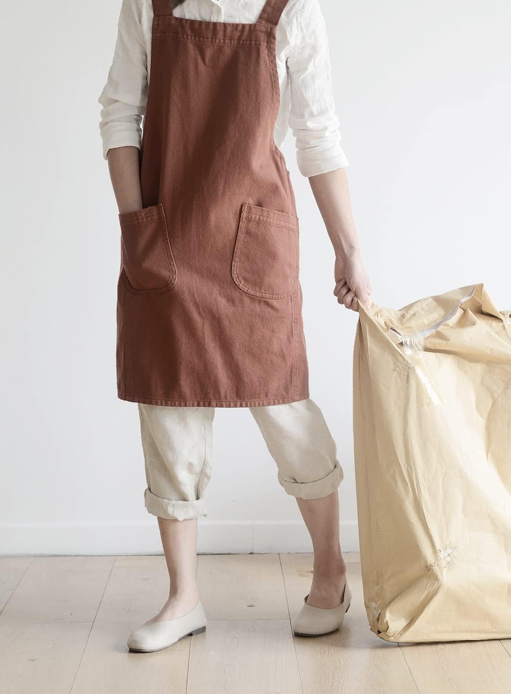 Soft Cotton Linen Apron for Women - Non-tie Cross Back Apron with Pockets, Great for Florist and Kitchen