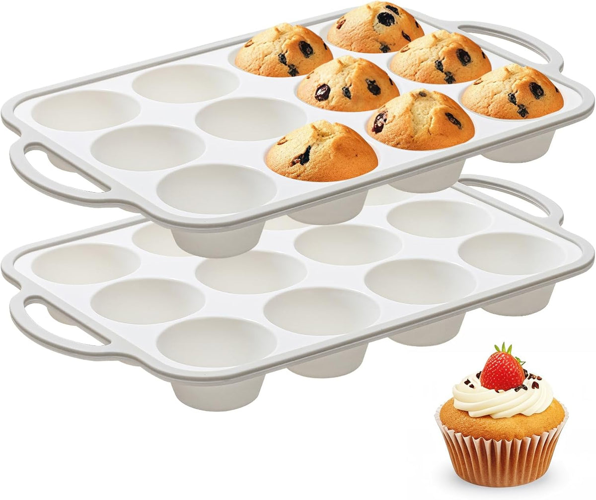 Silicone Muffin Pans for Baking 2 Pack, 2.6 Inch with Metal Reinforced Frame, Regular Size Nonstick Cupcake Pan 12 Cups for Baking Homemade Muffins, Dishwasher Safe BPA Free-Grey