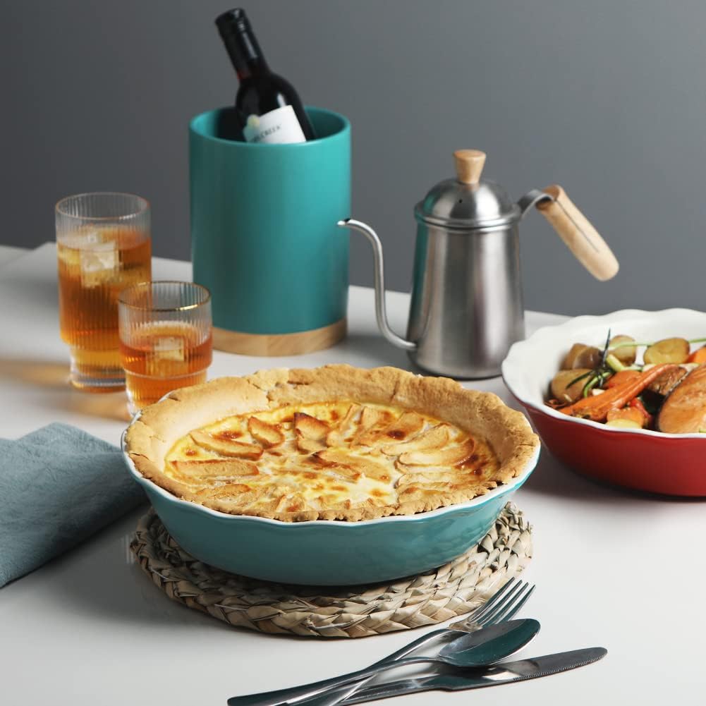 Sweejar Ceramic Pie Pan - 10 Inch Round Baking Dish for Dinner, Non-Stick with Soft Wave Edge for Apple, Pumpkin, Pot Pies (Turquoise)