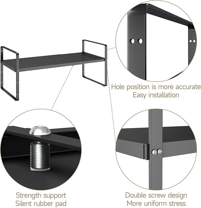 16.5~27.1" Expandable Shelf Organizer, 2Pack 8.1" Wide Stackable Cabinet Shelf Organizers, Black Metal Sturdy Kitchen Counter Storage for Countertop, Adjustable Height Spice Rack