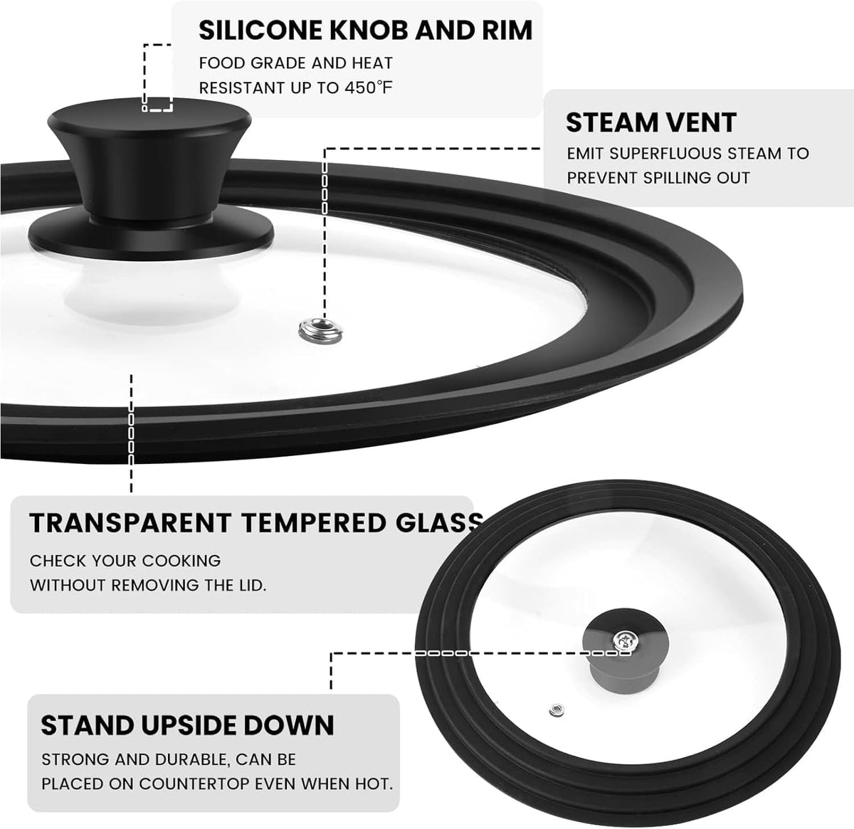 Universal Lid for Pots, Pans and Skillets, Tempered Glass Lid fit 9.5", 10", 11" Skillets, Pots, Frying Pans, Cast Iron, Crock Pot and Other Glass Covers Replacement