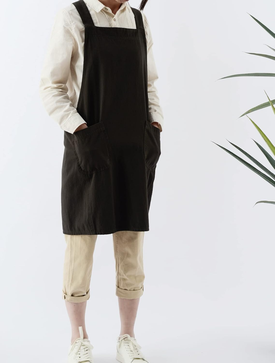 Soft Cotton Linen Apron for Women - Non-tie Cross Back Apron with Pockets, Great for Florist and Kitchen