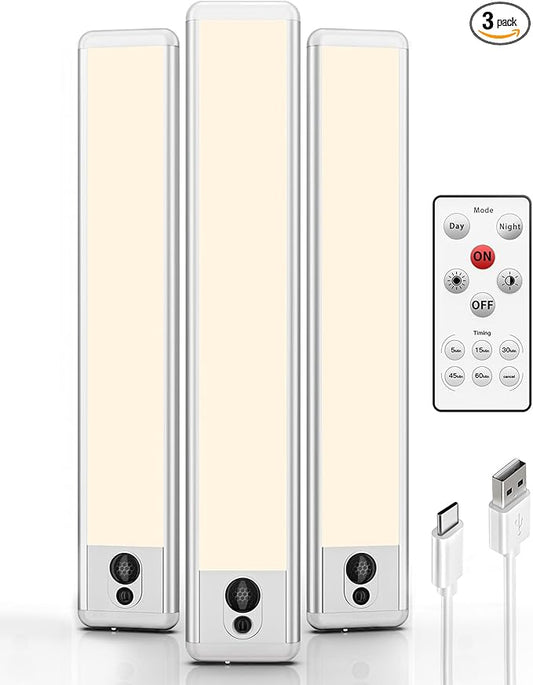 EZVALO 3 Pack Under Cabinet Lighting, Rechargeable Motion Sensor Light, LED Closet Lights Wireless, 3500K Dimmable, Timer, Magnetic, with Remote Control for Kitchen, Closet, Stair