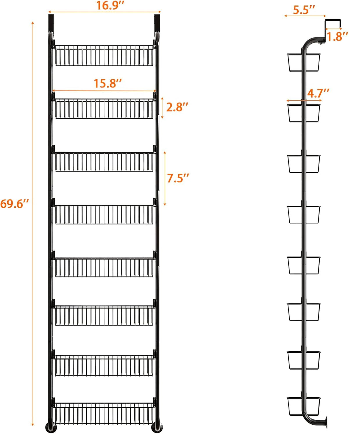 MIAOLI Over the Door Pantry Organizers and Storage, 8-Tier Spice Rack, Home & Kitchen Storage Shelves for Cabinet, Large Capacity Hanging Seasoning Organizer, Laundry Room Organization, Black