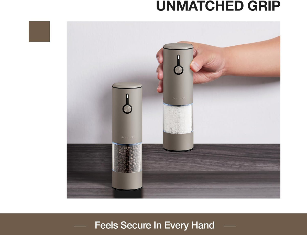 Stainless Steel Rechargeable Electric Salt and Pepper Grinder Set, USB Charging with Dust Cover, 6 Adjustable Grinding Modes + LED Light 2pack，Brown
