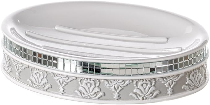 Creative Scents Mirror Damask Soap Dish for Bathroom, Decorative Dry Bar Holder, Best Dishes for Sink/Bath/Shower Decor (Gray & White)