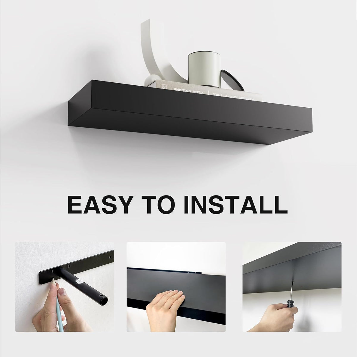 Colima Floating Shelves for Wall Black Wood Shelf for Bedroom, 15 Inch Wall Mounted for Bathroom Living Room Kitchen Office, 1.3" Thick Floating Book Shelves for Wall, Set of 2