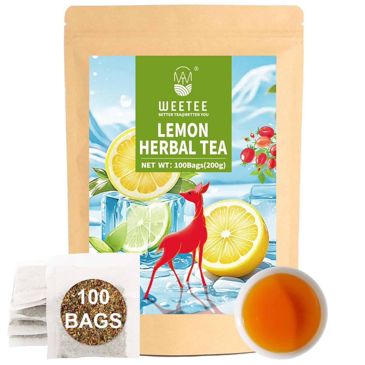 WT WEETEE Lemon Herbal Tea Bags, 2g x 100 Count, Juicy & Refreshing Lemon Flavor, Hot Iced & Cold On-the-Go, Natural Caffeine-free Lemon Tea