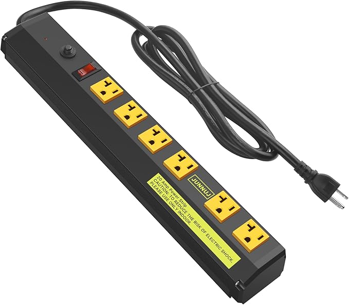 JUNNUJ Heavy Duty Metal Power Strip 20 Amp, High Amp Surge Protector 6 Outlet, 20A Power Strips Workshop Industrial Outlets Wide Spaced 6-20R T-Slot with Circuit Breaker, 12 Gauge Extension Cord 15ft