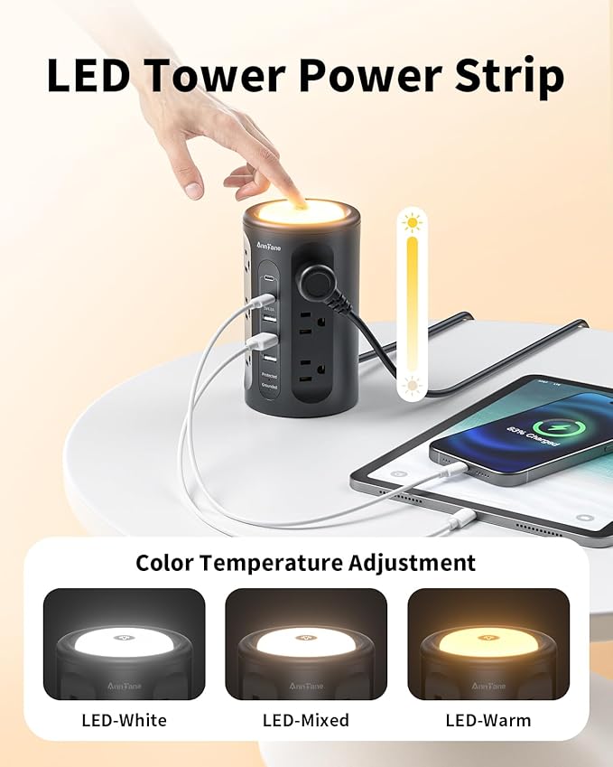 Power Strip Tower with Night Light, Power Strip Surge Protector with USB Ports, Extension Cord 10 FT with Multiple Outlets (12AC+3A+2C) for Home Office Desk DormRoom (Black)