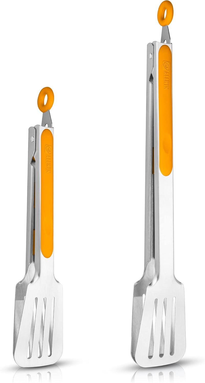 Premium 304 Stainless Steel Barbecue Turners, Heavy Duty Non-Stick BBQ Cooking Kitchen Tongs, 9" and 12" Orange
