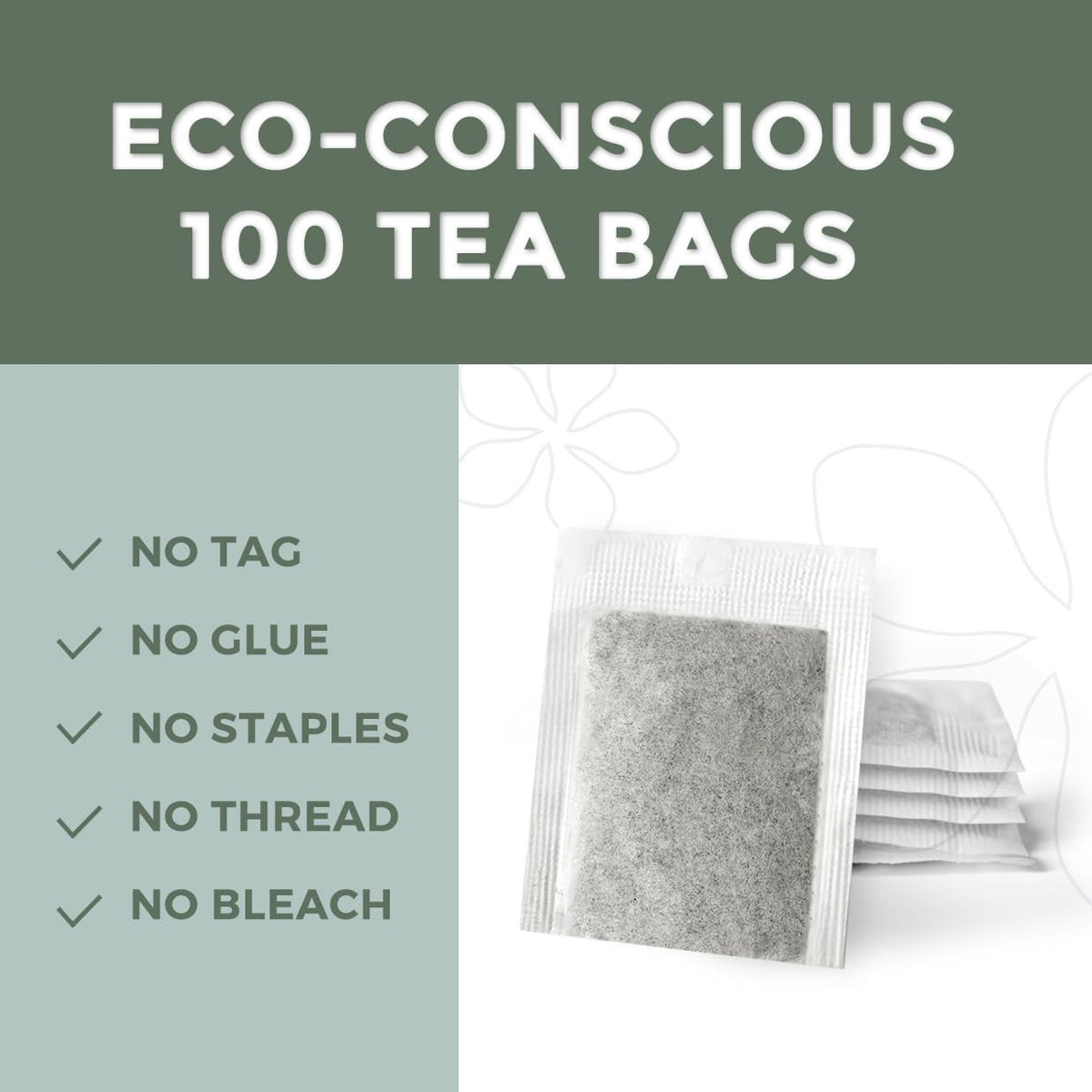 Fescha Organic Decaf Jasmine Green Tea Bags Flower-scented Tea (100-count), Eco-Conscious Tea Bags, Packed by Resealable Kraft Bag