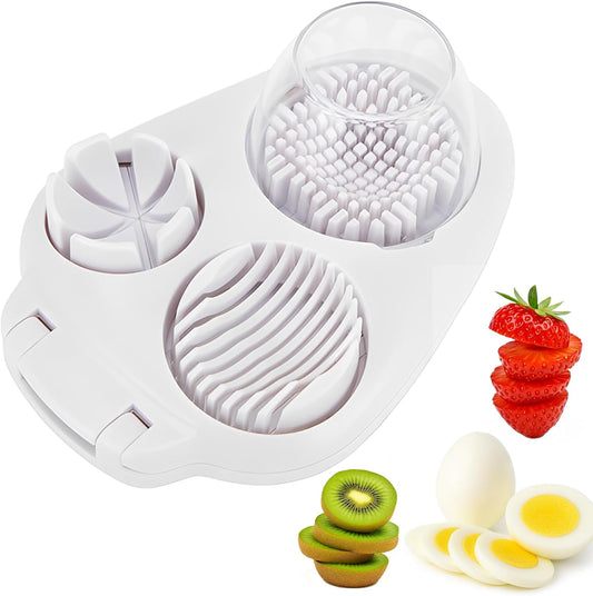 3 In 1 Egg Slicer, Stainless Steel Multipurpose Egg Cutter, 3 Way Egg Dicer for Hard Boiled Eggs, Grape and Tomato Chopper for Strawberry, Salad, Fruit and Vegetable (White)