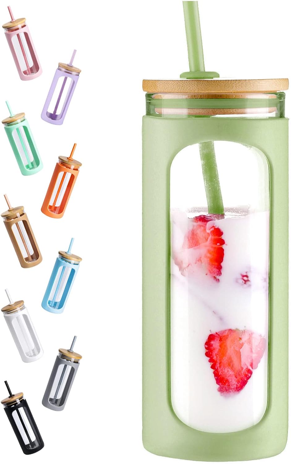 Kodrine 20oz Glass Tumbler with Straw and Lid, Iced Coffee Cups with Bamboo Lids, Glass Cups for Cold Drinks, Smoothie Cup with Silicone Sleeve for Travel, Work, BPA FREE-DaiquiriGreen