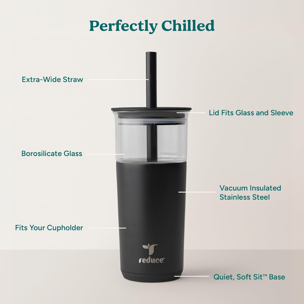 REDUCE Aspen 20 oz Vacuum Insulated Glass Tumbler with Lid & Extra Wide Straw - Keeps Drinks Cold for 12 Hrs - Ideal for Iced Coffee, Smoothies & Boba - Dishwasher Safe, Soft Base - Phantom