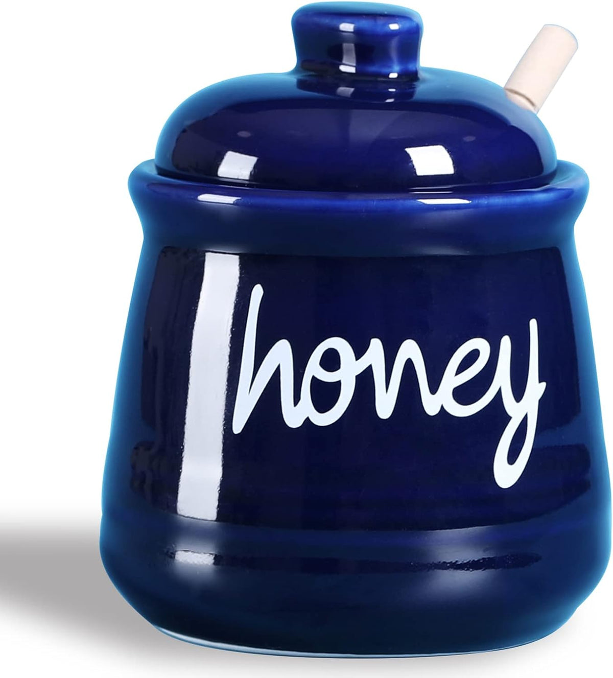 Honey Jar with Dipper and Lid, Ceramic Honey Pot 12oz (Navy)