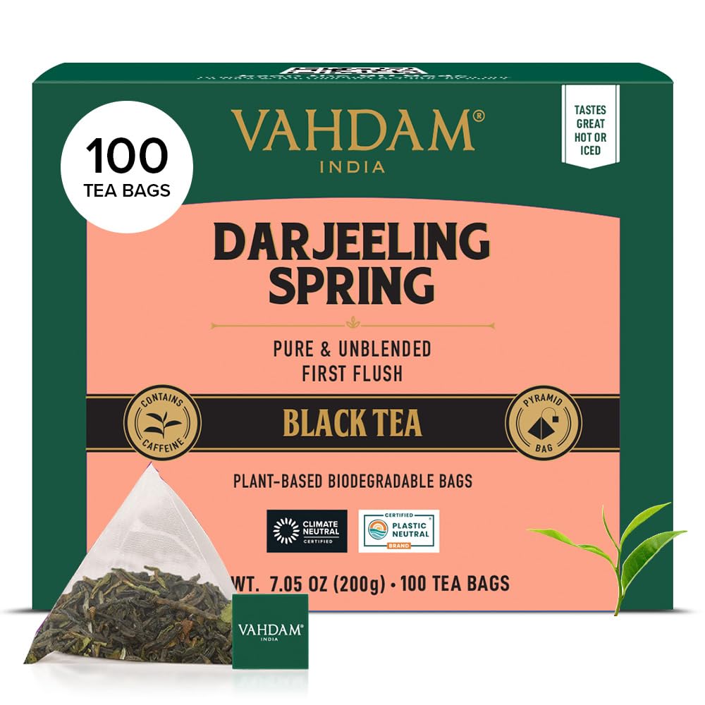 VAHDAM, Exotic Darjeeling First Flush Tea Leaves (100 Black Tea Bags) High Caffeine, Non GMO, Gluten Free | Aromatic & Robust | Unblended First Flush Darjeeling Tea Bags | Resealable Ziplock Pouch