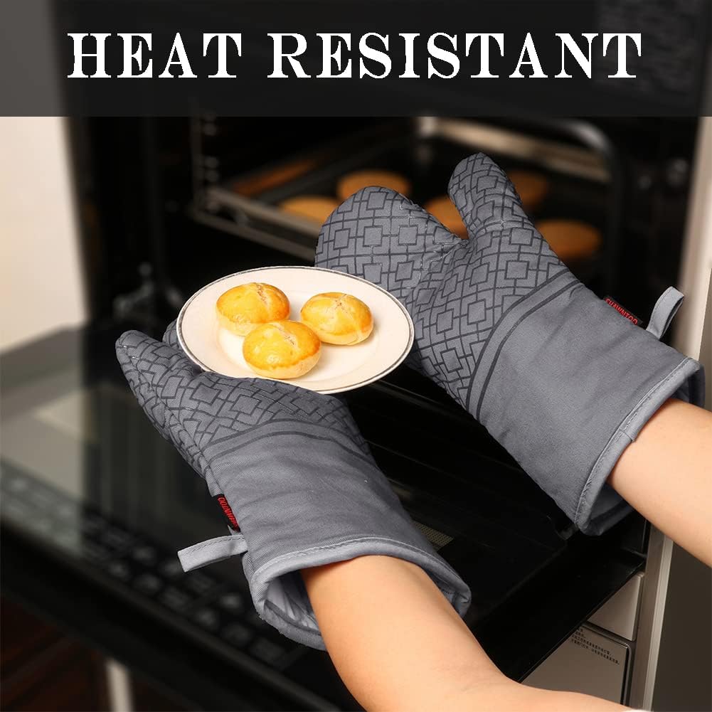Oven Mitts and Pot Holders Sets 6pcs, Kitchen Oven Glove,High Heat Resistant 550 Degree Extra Long Oven Mitts and Potholders with Non-Slip Silicone Surface for Home Essentials (Grey) (Gray)