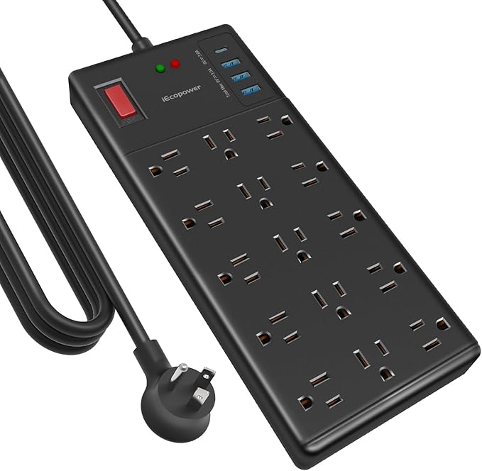 Surge Protector Power Strip 10 ft cord-15 Widely Spaced Outlets and 4 USB Ports(1 USB C Port),14 AWG Extension Cord,1875W/15A Heavy Duty Power Strip Surge Protector 10 ft Cord,2800J,Black