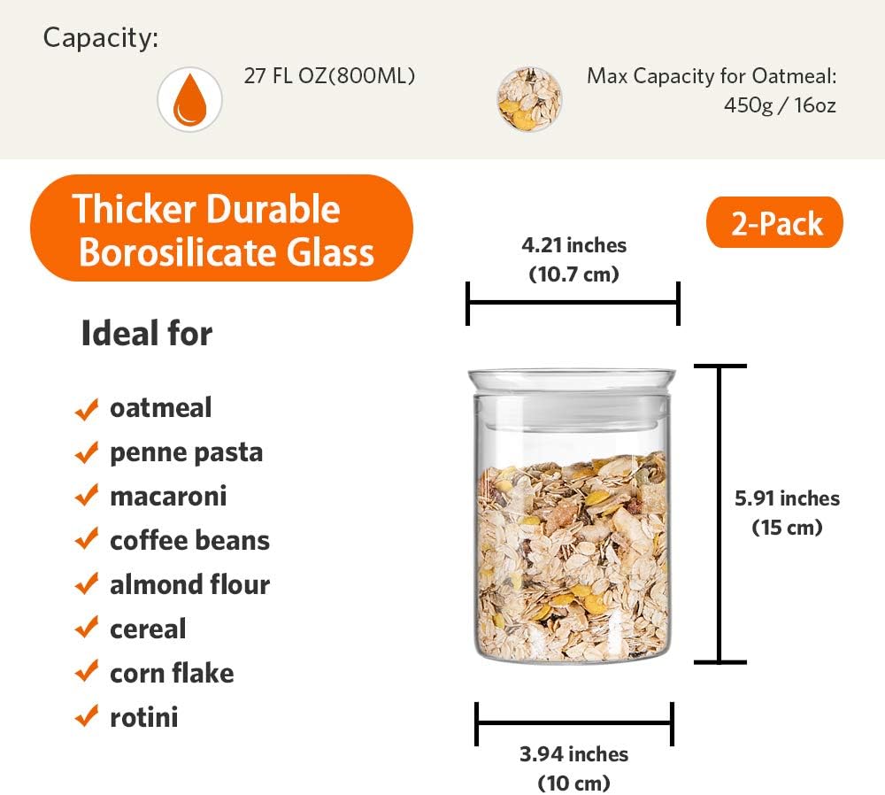 ZENS 27oz Glass Jars with Airtight Lid Set of 2, Clear Glass Storage Containers, Glass Kitchen Canisters with Airtight Lids, Coffee Jars for Brown Sugar, Pantry Organization