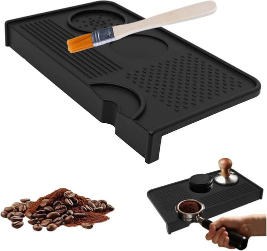 Upgraded Silicone Tamping Mat & Coffee Brush, Durable Tamper Mat Counter Pad, Espresso Machines Acceessories for Home Baristas, Espresso Tamping Station - Black