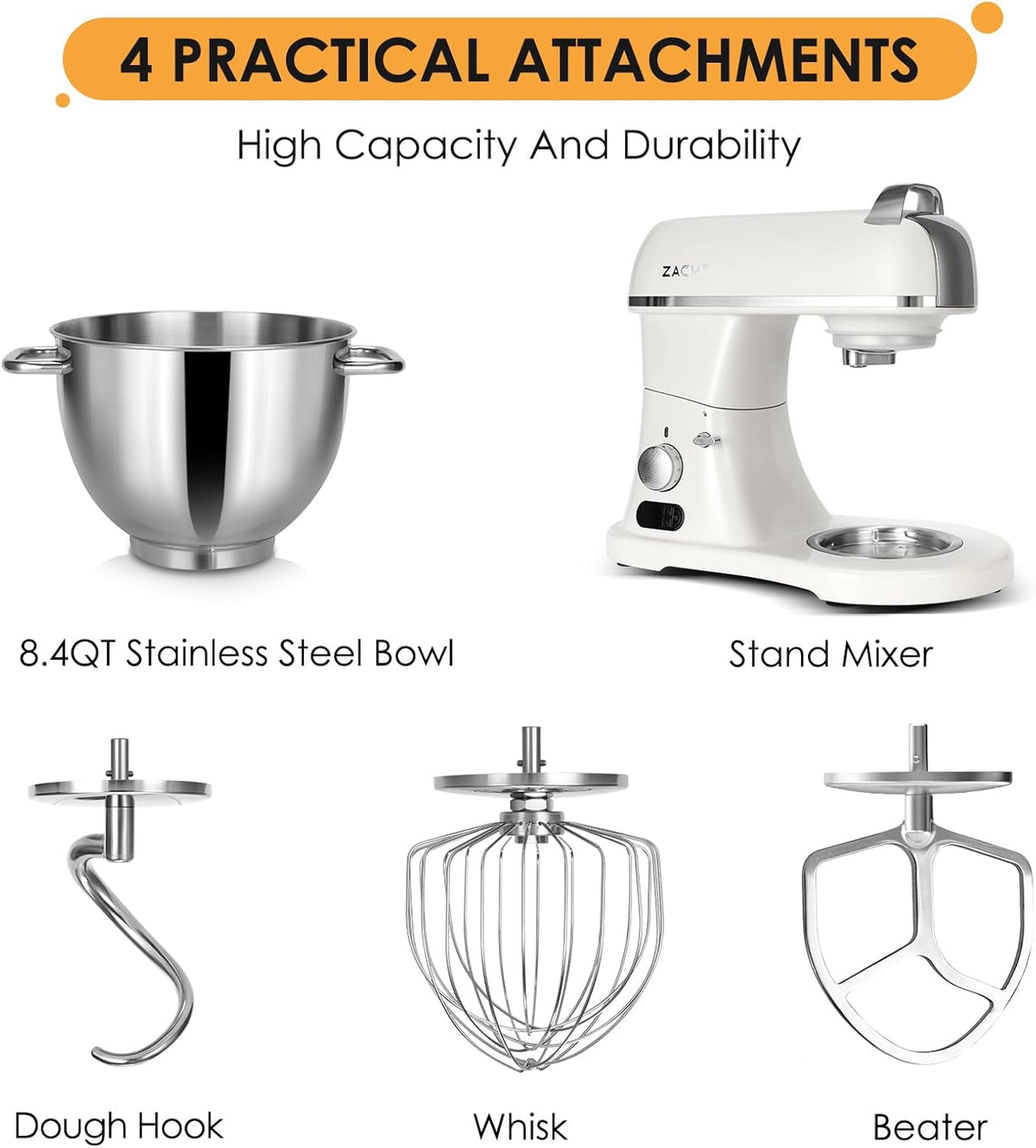 ZACME 8.4QT Commercial Stand Mixer 800W with NSF Certified and Aluminum Die Casting, Mixers Kitchen Electric Stand Mixer with Stainless Steel 8L Bowl, Dough Hook, Whisk and Beater, Porcelain