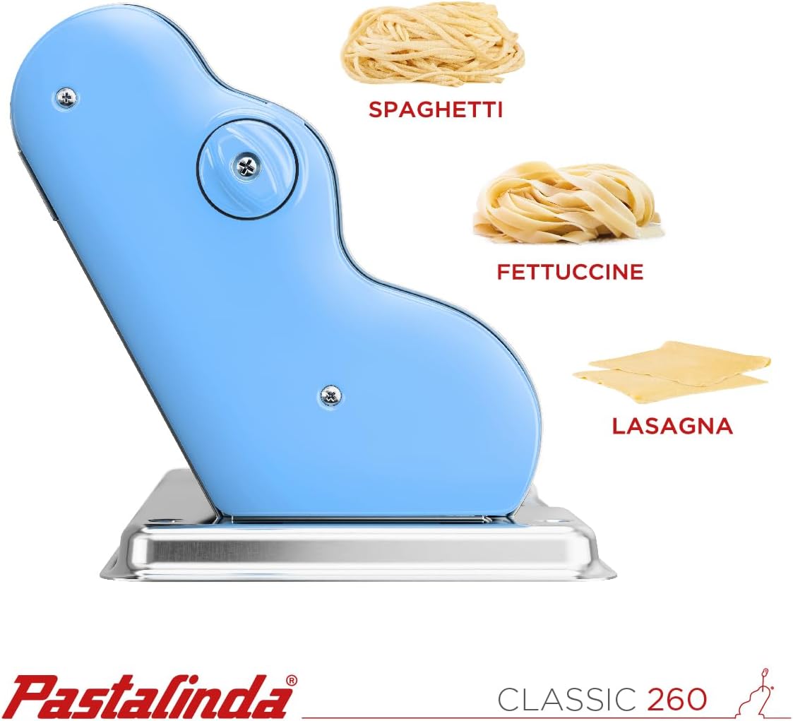 PASTALINDA Classic 260 Pasta Maker Machine, 26 cm Wide Rollers, 9 Thickness Positions, 2 Cutting Positions, Stainless Steel. Includes Reinforced Hand Crank And Two Clamps (Light Blue)