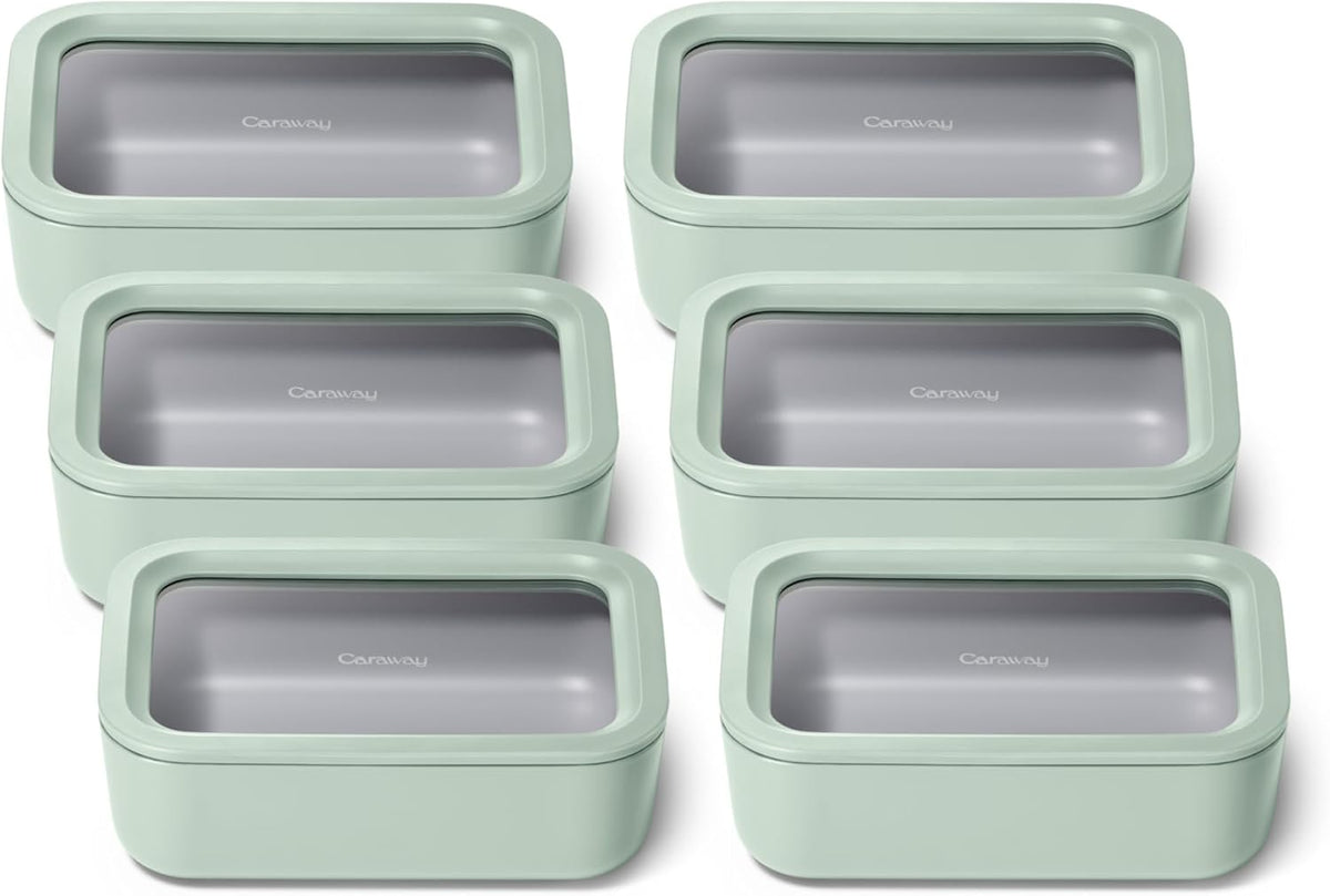 Caraway 6pc Glass Food Storage Set – 6.6 Cup Food Containers (6) - Ceramic Coated - Non Toxic, Non Stick with Lids - Microwave Safe - Mist