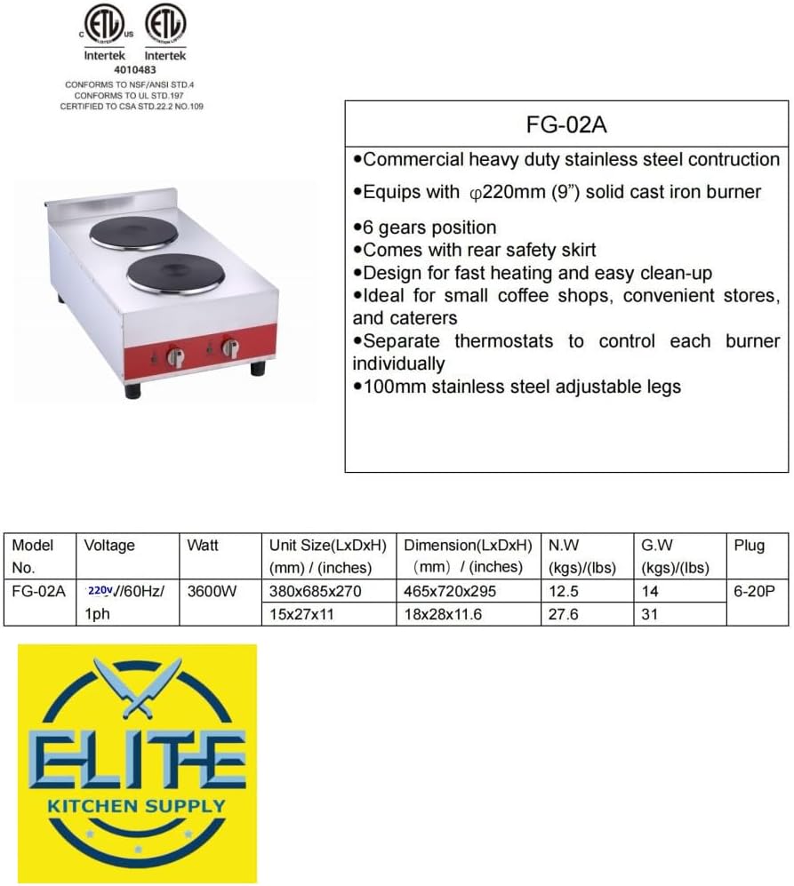 Commercial Double Hot Plate, 3600W Electric Burner, 9-inch Cast Iron Plates, 6 Heat Settings, Stainless Steel Construction FG-02A ETL