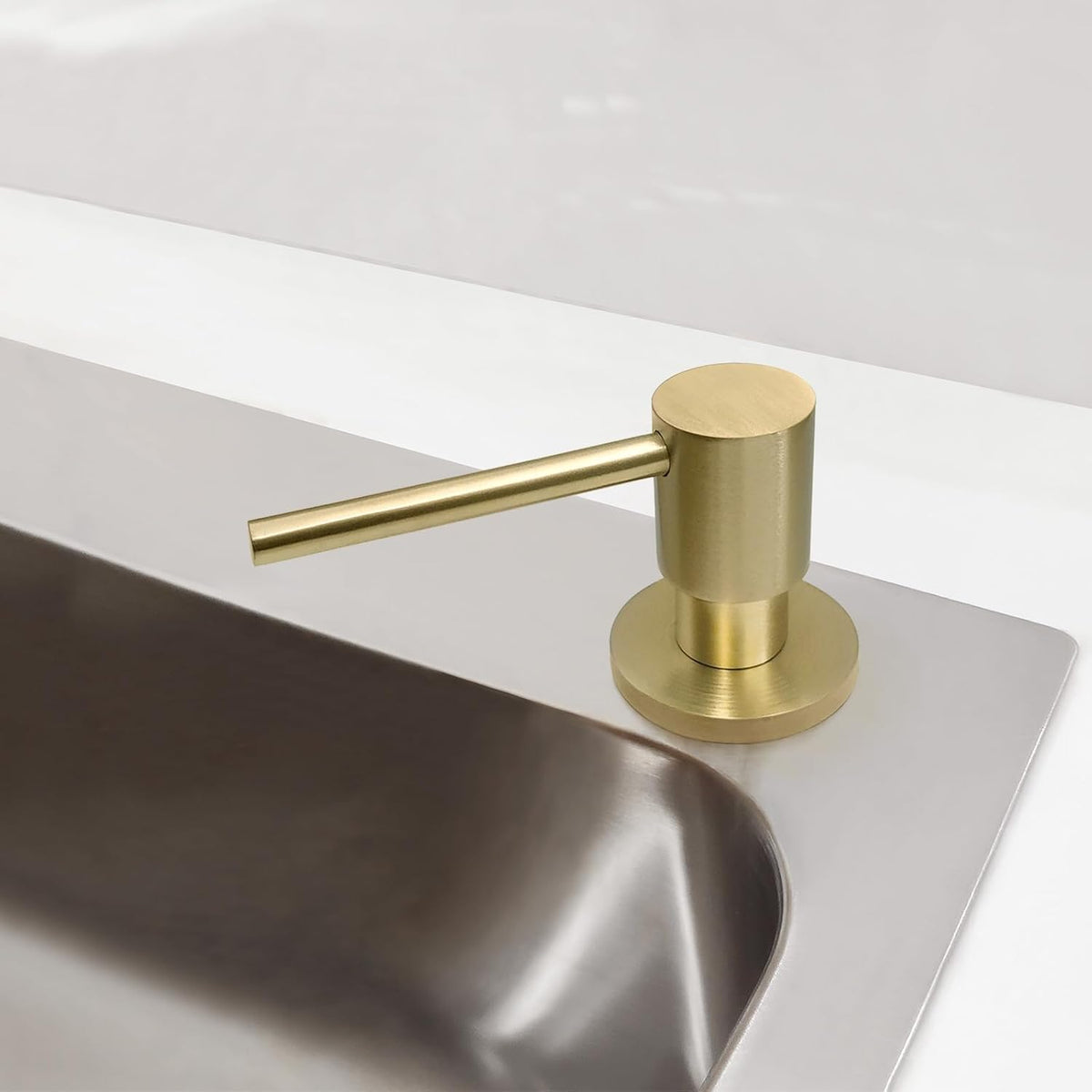 Brushed Gold All Brass Sink Soap Dispenser for Kitchen Sink Deck Mounted with 17 OZ Above The Sink Refillable PET Bottle Brass Pump Head in Counter Dish Soap Dispenser