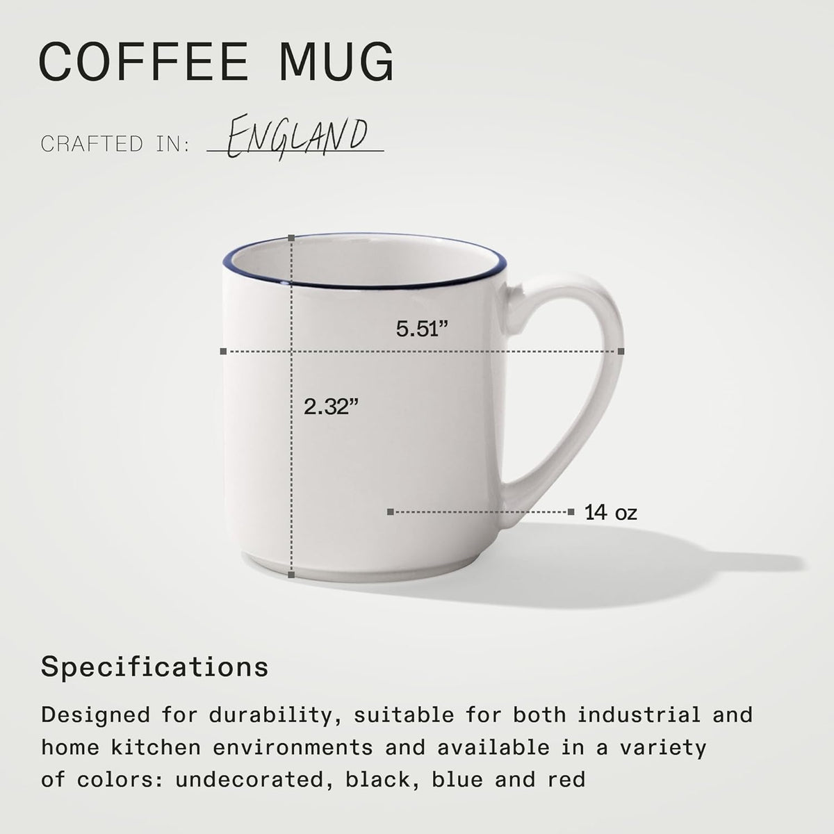 Made In Cookware - Set of 4 - Coffee Mug Set - 12 oz - White With Navy Rim - Porcelain - Crafted in England - Dishwasher and Microwave Safe