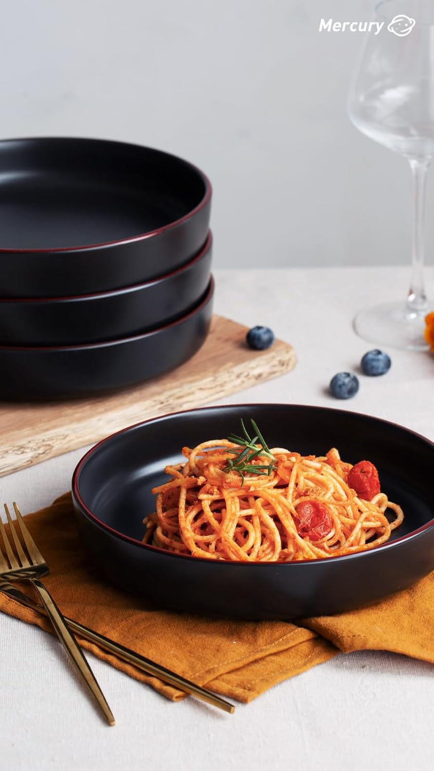 famiware Mercury Pasta Bowls Set of 4, 33 oz Large Salad Bowls, Ceramic Pasta Plates Bowls, Serving Bowls for Kitchen, Microwave & Dishwasher Safe, Black