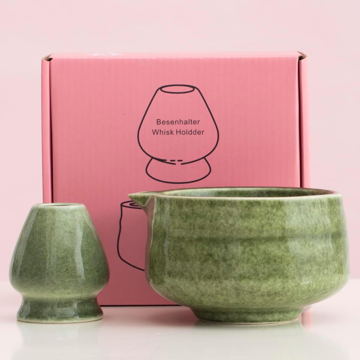 Japanese 2pcs Matcha Bowl, Glazed Ceremonial Matcha Bowl with Whisk Holder for/Matcha Tea