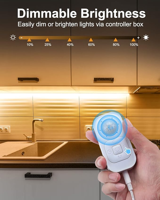 Motion Sensor Led Light Strip - Under Cabinet Lighting with Power Adapter, 6 Adjustable Brightness and Timing, Light Strips for Kitchen Cabinets, Stair, Showcase, Bedroom, 9.84ft 3000K WarmWhite