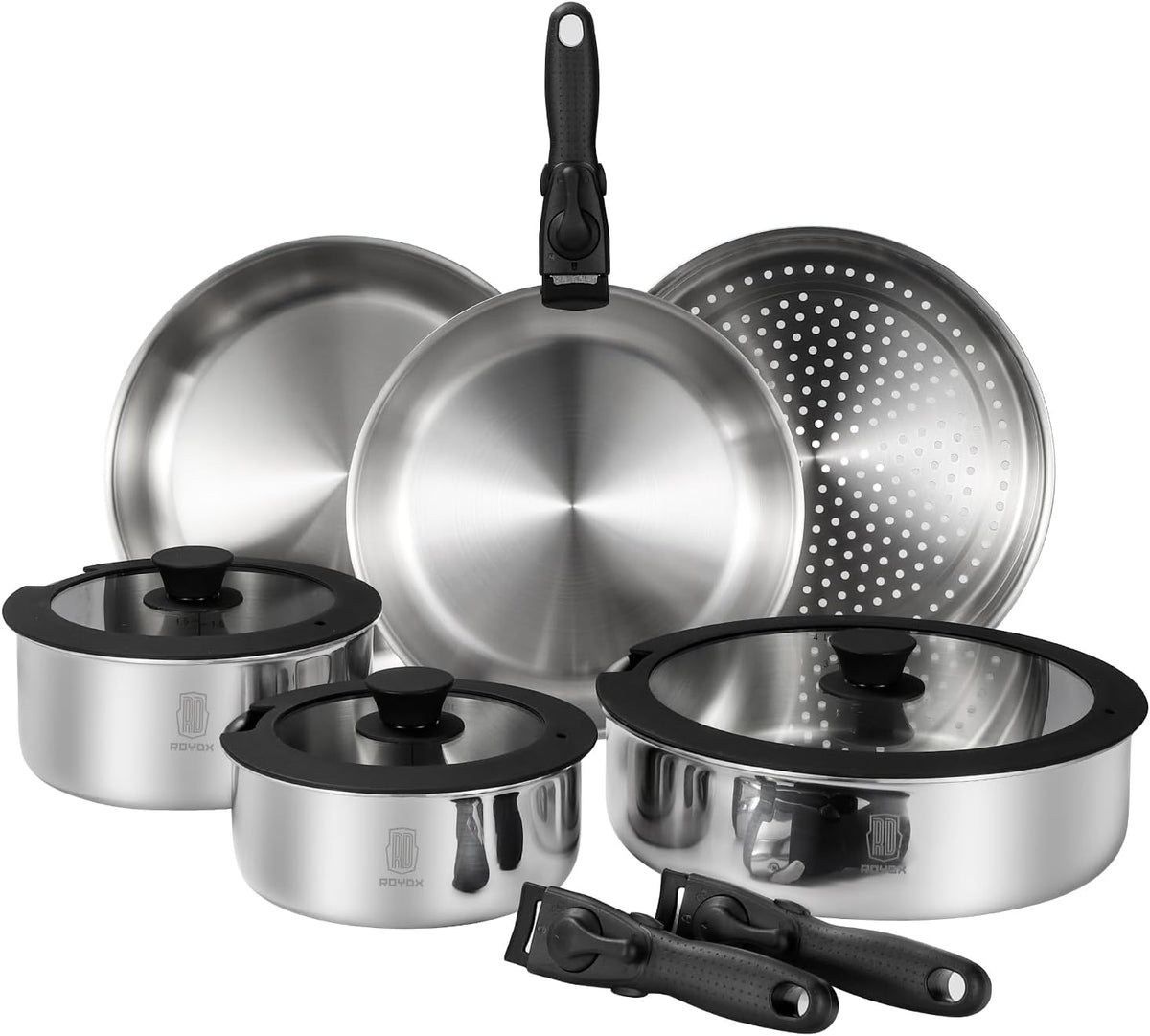 ROYDX 3-Ply Pots and Pans Set, 18/10 Stainless Steel Kitchen Removable Handle Cookware Set,PFOA Free, for All Stoves, Suitable for Home, RV, Boat, Camping, Space Saving Induction Oven Safe