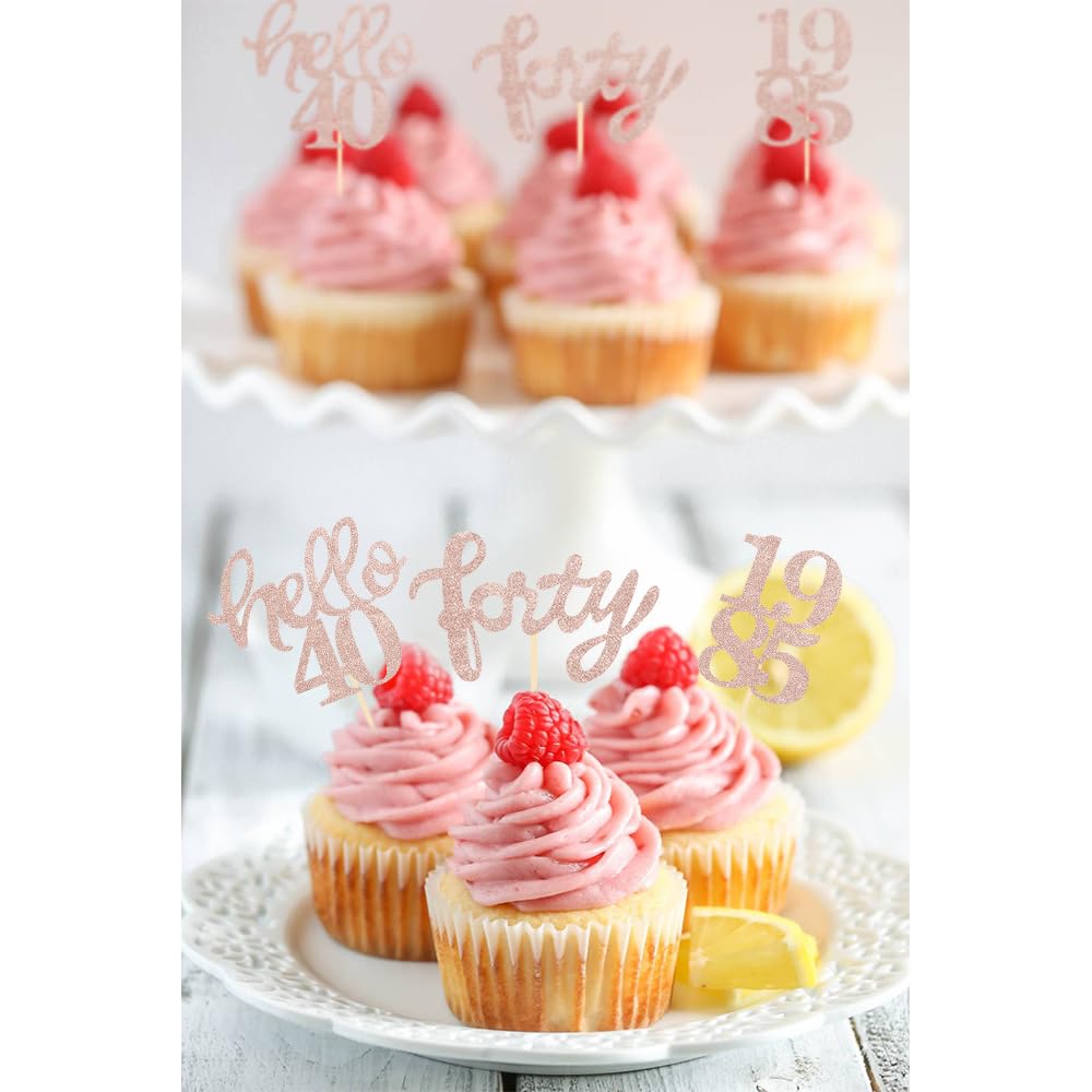Rose Gold Glitter 40th Birthday Cupcake Toppers 40th Birthday Celebrating Party Decorations - Set of 24